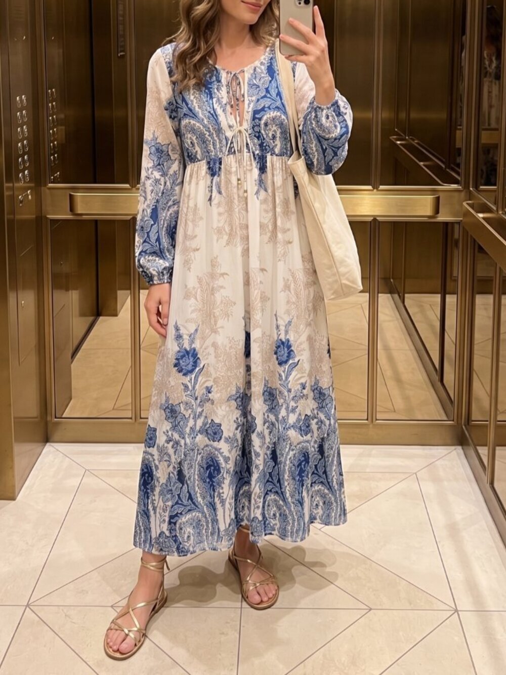 Blue Boho Women's Floral Lantern Sleeve Tie V-Neck A-Line Maxi Dress